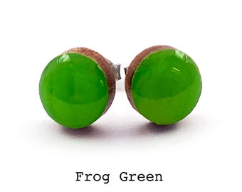 Frog Green Solid Colour Stud Earring · Green Stud Earring · Bright Green Stud · Paint + Resin Stud · Colourful · 3 sizes 8mm, 10mm, 13mm