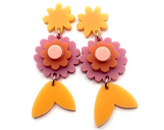 Flower Earring · Garden Party Earring · Flower Dangle Earring · Rose Honey Flower · Matte Acrylic · Layered Acrylic · 09