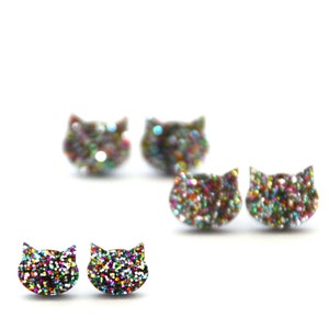 Glitter Cat Earring Cat Stud Earrings Cat Earrings Rainbow Glitter Cat Earrings Glitter Cat Earring Cat Lover Gift image 3