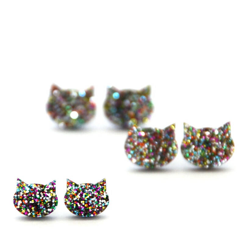 Glitter Cat Studs Cat Earrings Rainbow Glitter Cat Etsy Australia