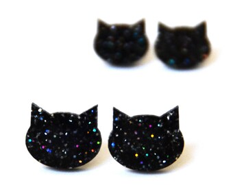 Glitter Cat Studs · Black Cat Earrings with Glitter · Black Cat Stud · Black Cat Earring · 2 sizes