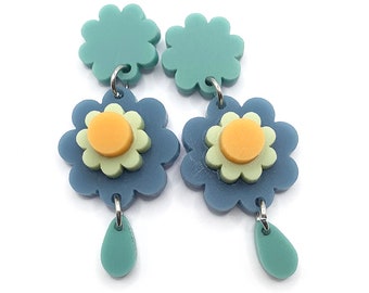 Flower Earring · Garden Party Earring · Flower Dangle Earring · Blue Green Flower · Matte Acrylic · Layered Acrylic · 04