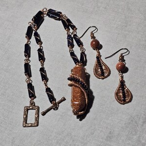 Matching Goldstone Necklace And Earrings, Copper Wire Wrap, Dangle Earrings, Crystal Necklace, Jewelry Set, Gift For Women, Blue Goldstone