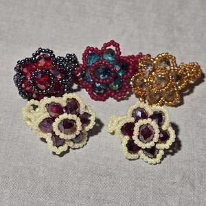 Beaded Flower Rings, Metal Free, Faceted Beads, Floral Design, Black, Red, Gold, Tan, White, Pearl, Gift For Women, For Girls, Handmade