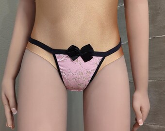 Pink Floral Lace Thong Panties with Bow