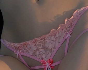 Floral Lace Open G-String with Faux Pearl Beads
