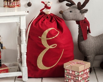 Luxury Modern Personalised Christmas Santa Sack / With Initial / Red & Gold / Day for Presents / Gifts for Child / Children