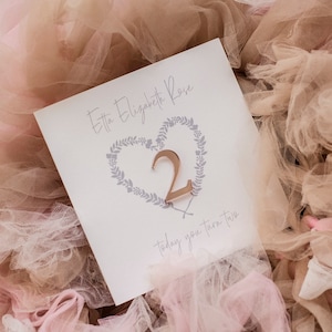 2E ANNIVERSAIRE / DEUXIÈME carte d'anniversaire de luxe personnalisée / Couronne de coeur sur mesure en or rose / Petite fille / DEUX / 2
