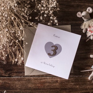 3RD BIRTHDAY / Personalised Luxury THIRD Birthday Card / Bespoke Rose Gold Heart  / Baby Girl / THREE / 3