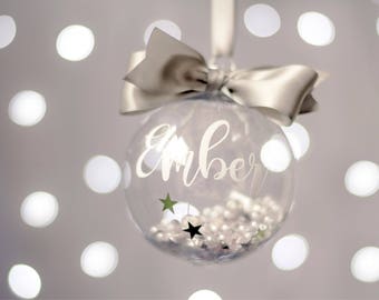 Personalised Christmas Bauble for the Family - Name and Year - Filled with Sparkly Things / Beads / White / Silver / Xmas Decoration