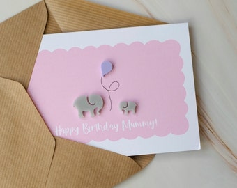 Happy Birthday Mummy / Pink Luxury Card / Elephant and Baby