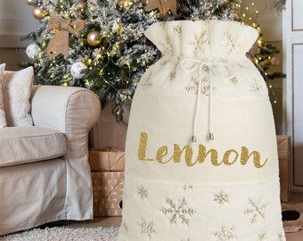 Luxury Plush Personalised Christmas Santa Sack | Cream with Gold Sequins