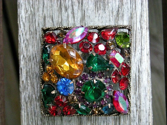 Vintage multicolor stone square brooch - image 1