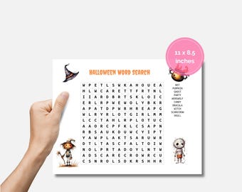 Può includere: Un puzzle di ricerca di parole di Halloween stampabile con una griglia di lettere in bianco e nero. Le parole da trovare sono elencate sul lato destro della griglia. Le parole includono: pipistrello, zucca, fantasma, festa, lupo mannaro, caramelle, Dracula, strega, spaventapasseri, teschio. Il puzzle misura 28 cm per 21,5 cm.