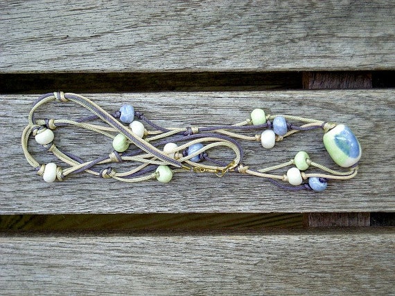 Vintage blue, green and white beaded macrame neck… - image 1