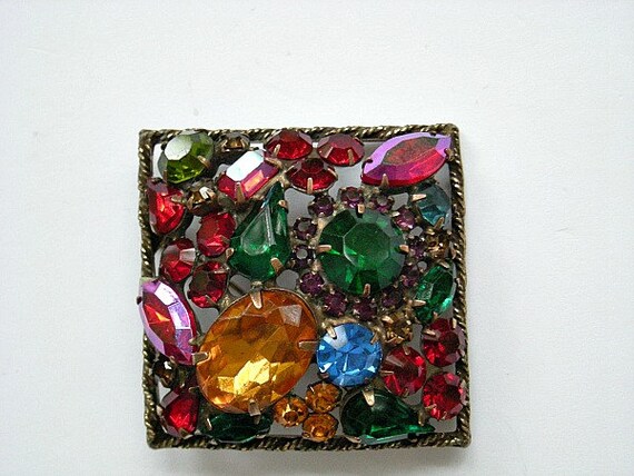 Vintage multicolor stone square brooch - image 2