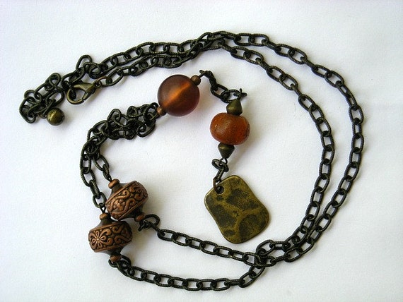 Vintage Hammered Copper and Black Chain Necklace - image 1