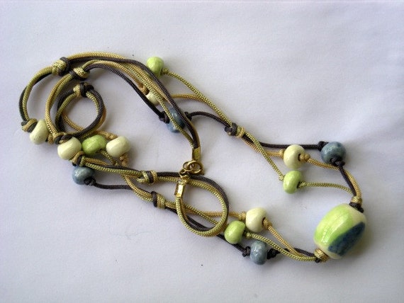 Vintage blue, green and white beaded macrame neck… - image 2