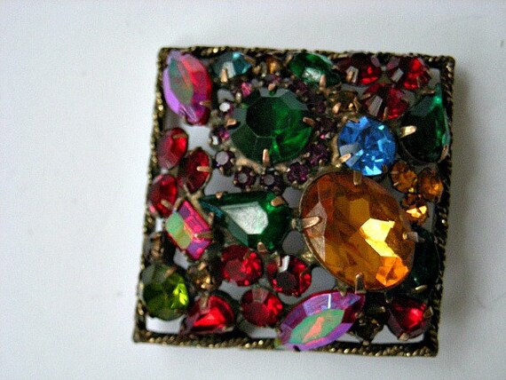 Vintage multicolor stone square brooch - image 3