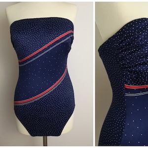 Vintage Robby Len Blue striped Bathing Suit 80s off the shoulder one peace swimwear, elegant original USA style retro swimwear M/L
