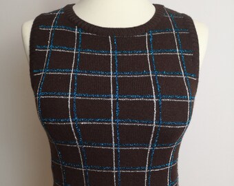 Vintage 1970s Brown with glitter stripes checkered pattern Scoop Neck Sweater Knit Vest, pin-up rockabilly disco elegant formal top XS