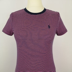 Vintage RALPH LAUREN Sport Pink Blue Striped T Shirt, Short Sleeve Crewneck Slim Fit, S Small