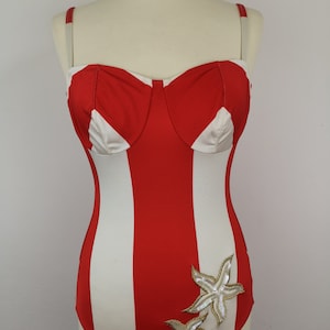 Vintage Red White striped Bathing Suit 90s Star Embroidered one peace swimwear elegant High Fashion style Miss World retro swimwear 75 C S M