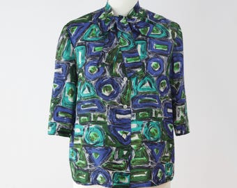 luxury 80s M Medium Italian silk blouse abstract print blue green bow blouse loose fit top