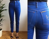BYBLOS blue cotton denim skinny fit straight leg high waist jeans pants, classic simple tight stretch office designers studio pants, S XS