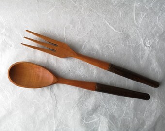 Vintage Wood Salad Servers Teal Wood Handles Hand Carved Teak Wood Salad Tossers Round Handled Wooden Utensils