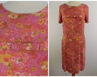 Vintage 60's orange pink floral slim fit elegant retro summer handmade dress, mod scooter streetstyle midi short sleeve dress S /M