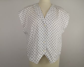 80's Vintage Original White Black Polka Dot Shirt padded shoulders Raglan Short Sleeve button down Blouse, Rock a billy Swing T Shirt M /L