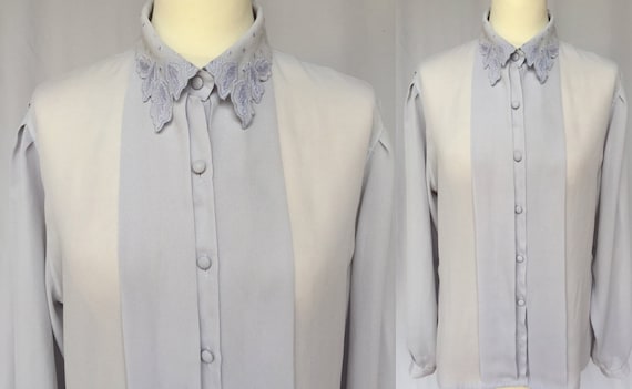 90's Grey Sheer Viscose Light Lace Collar Blouse,