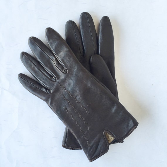 Small Brown Leather Gloves, Dress Gloves Winter G… - image 1
