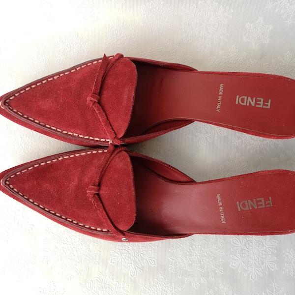 FENDI Strong Red Suede Leather Original Italian vintage mules midi Heels Slip On Elegant Streetstyle Office Wedding Shoes 38 eu, 8 us, 5 uk