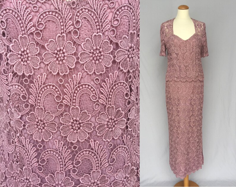 S Small New short sleeve mother of a bride long open maxi skirt bride 80/'s purple violet pink Evening Dress Passementerie Lace double