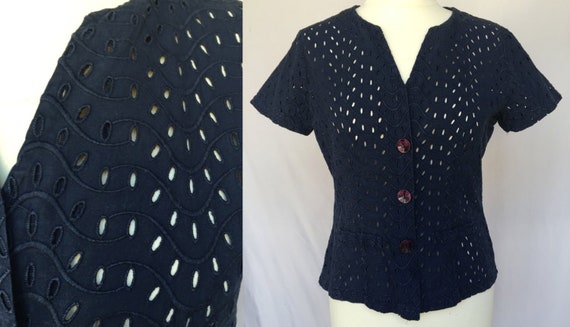 90s lace slim fit wave mod navy blue blouse Fitte… - image 1