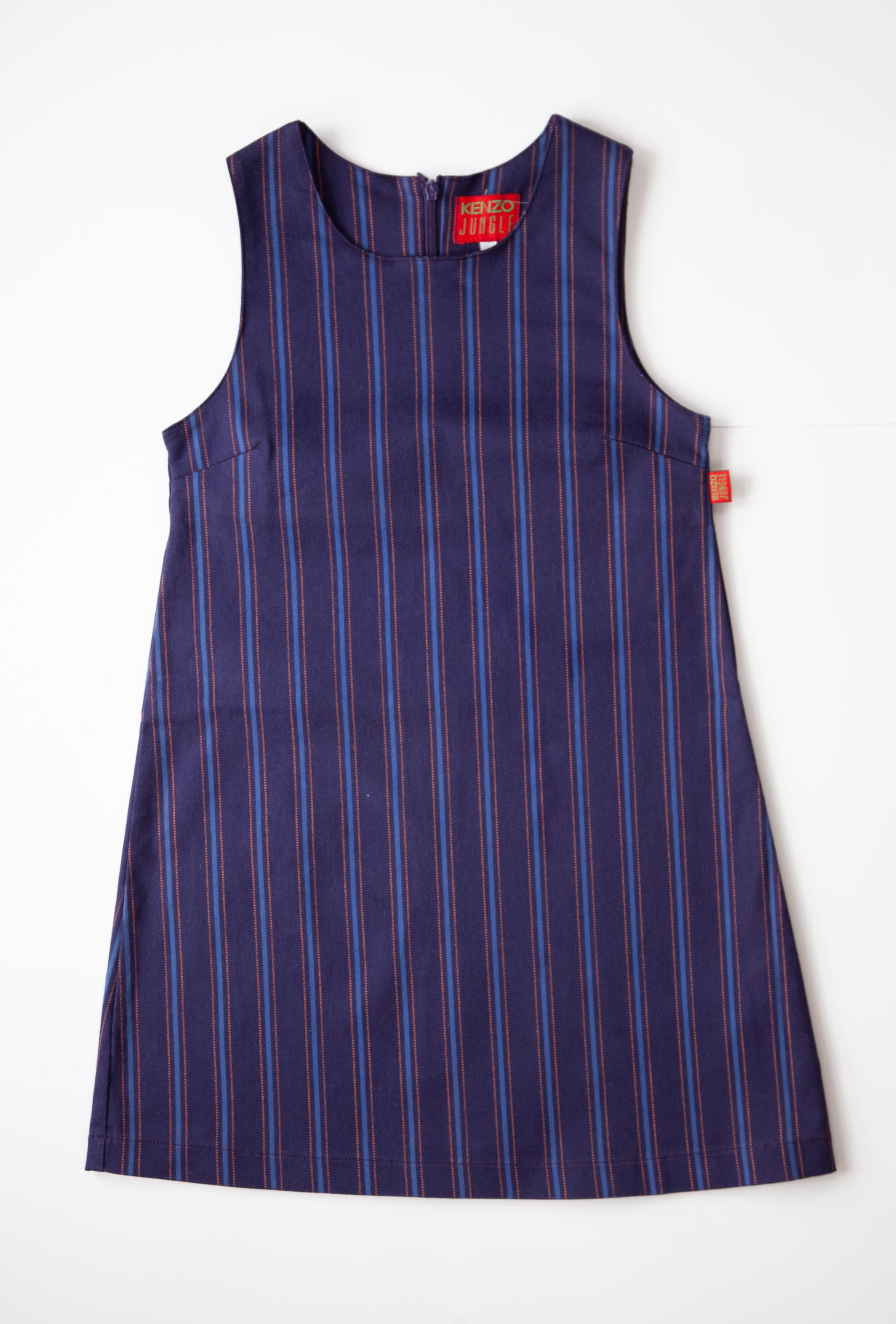 KENZO Jungle Cotton Striped Blue Sleeveless Girls' Dress, Kids' Designer Clothes, Preppy Minimalist Simple Elegant Girls Dress