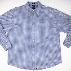 L Gap Men&#39;s Shirt Oldschool 90s Blue White Gingham Checkered Nautica Button Up Long Sleeve 100% Cotton Dress Shirt , size: Large