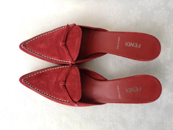 Fendi, FENDI 38 eu, 5 uk, 8 us, suede leather mules red slip on heels pointed toe Y2K designer shoes made in Italy