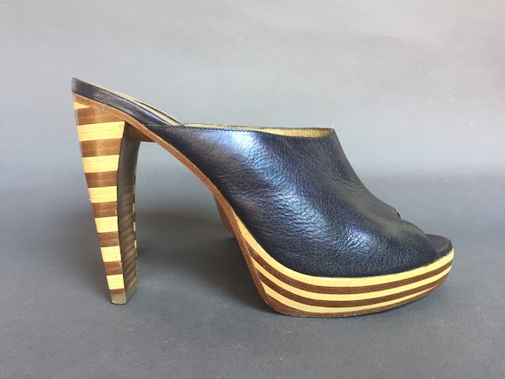 UK 3/'5 Violet wooden striped Platform leather Mules curved stiletto high heel 11 cm clog sandals elegant wedding prom shoes EU 36 US 5/'5