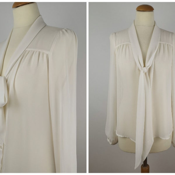 White sheer light elegant blouse with a bow tie long sleeve button down blouse office formal secretary top S Small