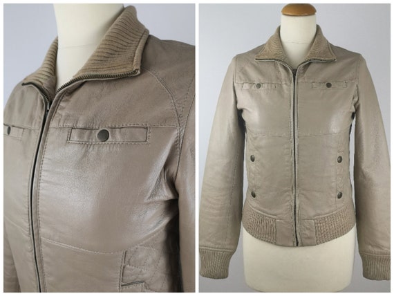 MANGO Femme Cuir Veritable Nu Beige Moto Vintage Veste en Cuir zippe bombardier S Small Etsy Canada
