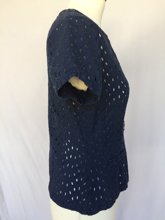 90s lace slim fit wave mod navy blue blouse Fitte… - image 4