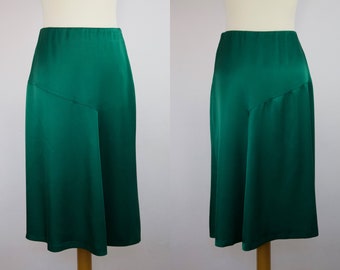 Vintage Silky Sateen Green Bias cut draped midi a line elastic waist elegant skirt, cocktail evening prom skirt S/M