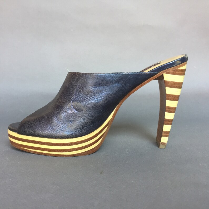 UK 3/'5 Violet wooden striped Platform leather Mules curved stiletto high heel 11 cm clog sandals elegant wedding prom shoes EU 36 US 5/'5