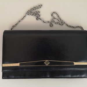 Vintage 60s Black Leather Shoulder Bag Silver Chain with Gold MetalTrim Quality Vintage clutch bag