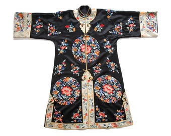 1920s Antique Chinese Silk Kimono, Hand Embroidered Floral Robe (S/M)