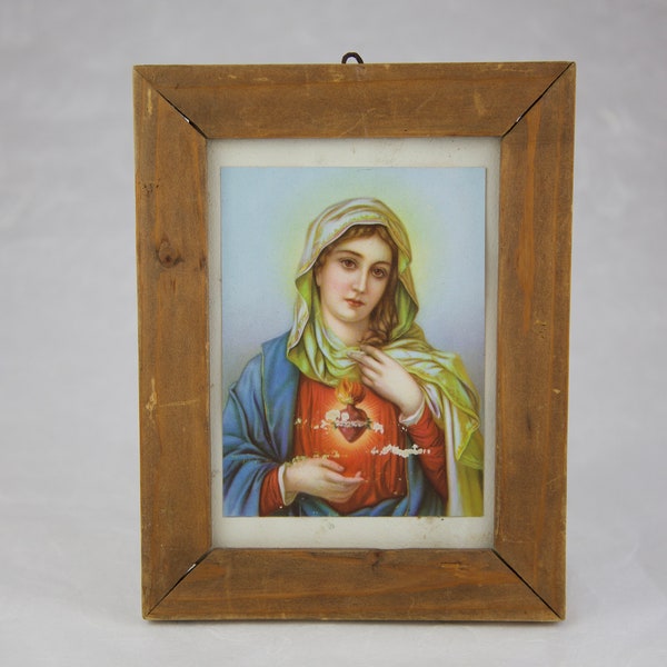 1940 MARIA MAGDALENA Sacred and Immaculate Heart antique picture with wooden frame Vintage MARY Magdalene Heart gift with love