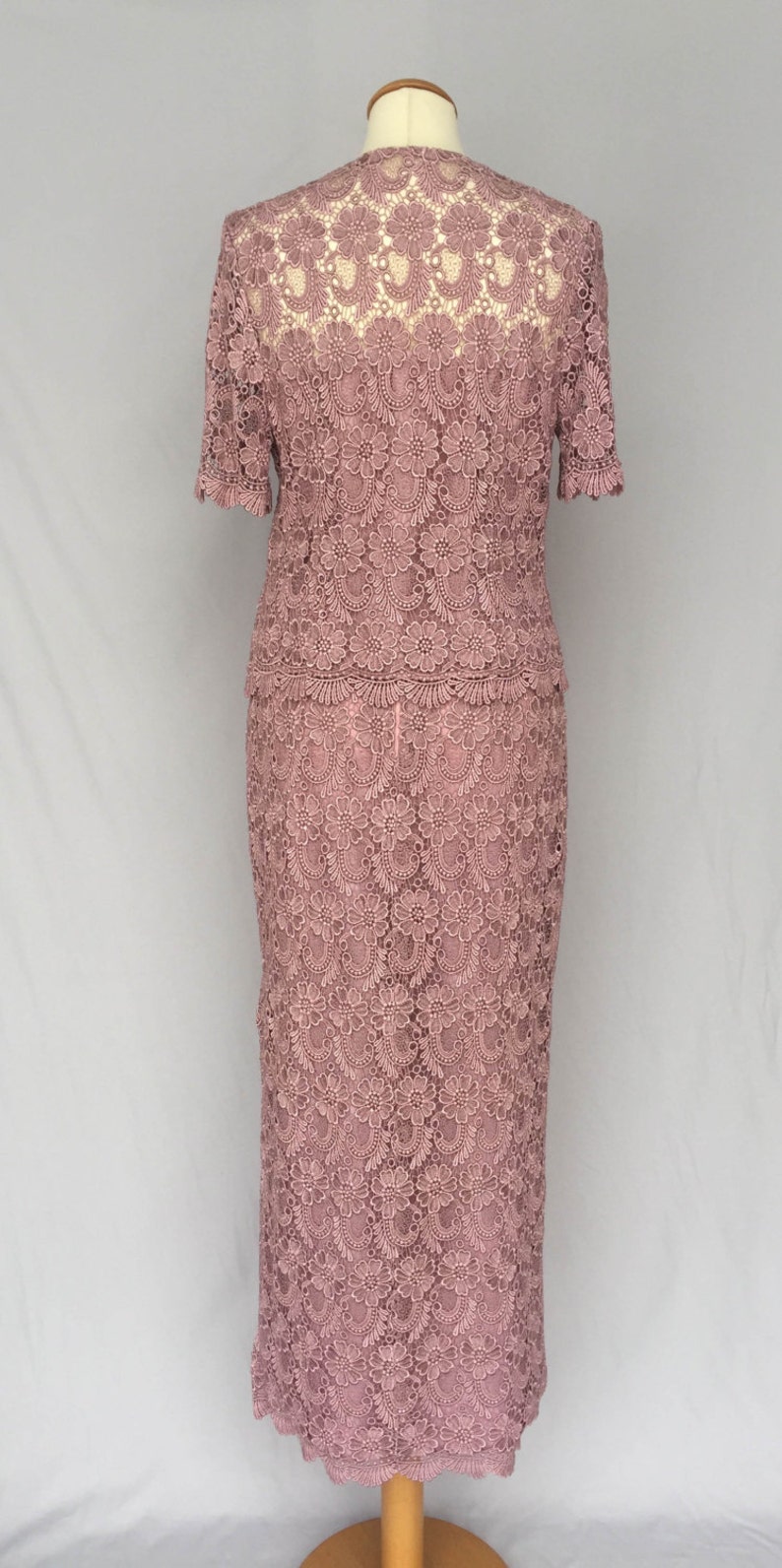 S Small New short sleeve mother of a bride long open maxi skirt bride 80/'s purple violet pink Evening Dress Passementerie Lace double